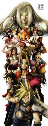 Rule 34 | 1990s (style), 4girls, 6+boys, aerith gainsborough, anklet, aqua eyes, armor, asymmetrical clothes, barret wallace, black hair, blonde hair, blue eyes, braid, breasts, brown hair, buster sword, cait sith (ff7), cape, cid highwind, cigar, cloak, closed eyes, cloud strife, crown, dark skin, earrings, elbow gloves, eudetenis, everyone, fangs, final fantasy, final fantasy vii, fingerless gloves, gloves, goggles, goggles on head, green eyes, highres, jewelry, long hair, looking at viewer, low-tied long hair, marlene wallace, midriff, multiple boys, multiple girls, navel, one-eyed, one eye closed, orange eyes, over shoulder, parted lips, pauldrons, ponytail, red cape, red eyes, red hair, red xiii, retro artstyle, scar, sephiroth, shirt, shoulder armor, shuriken, silver hair, simple background, sitting, sitting on shoulder, skirt, sleeveless, small breasts, smile, smoking, spiked hair, striped clothes, striped shirt, sword, sword over shoulder, tattoo, taut clothes, taut shirt, tifa lockhart, turtleneck, tusks, twin braids, very long hair, vincent valentine, weapon, weapon over shoulder, white background, yuffie kisaragi, zack fair