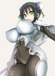 Rule 34 | 1girl, arm guards, asanagi, black hair, blush, bodysuit, breasts, bun cover, cape, chinese clothes, cloud print, covered navel, double bun, fate/grand order, fate (series), from below, gloves, green eyes, green ribbon, hair bun, highres, impossible clothes, large breasts, looking at viewer, polearm, qin liangyu (fate), ribbon, shiny clothes, short hair, sidelocks, skin tight, solo, standing, sweatdrop, weapon, white bodysuit