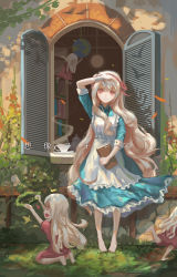 Rule 34 | absurdres, apron, arched window, barefoot, book, cup, dress, frilled dress, frills, grass, hand up, headband, highres, hinoborukaku, holding, holding book, holding wreath, kagerou project, kozakura marry, pink eyes, ribbon, souzou forest (vocaloid), standing, teacup, time paradox, vocaloid, white hair, window