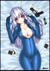 Rule 34 | 1girl, absurdres, areola slip, bad id, bad pixiv id, black border, blue eyes, blue hair, blush, bodysuit, border, breasts, bullet, camera, cartridge, cleavage, gun, handgun, highres, large breasts, latex, latex suit, long hair, looking at viewer, lying, magazine (weapon), matching hair/eyes, naidong (artist), nipple slip, nipples, on back, original, parted lips, photo (object), pistol, solo, thigh gap, unzipped, weapon