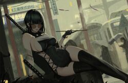 Rule 34 | 1girl, arm support, bandaged arm, bandages, bare shoulders, black dress, black gloves, black hair, black thighhighs, breasts, bus, bus stop, cityscape, commentary, covered navel, criss-cross straps, crossed legs, dress, earrings, english commentary, feet out of frame, glasses, gloves, green eyes, groin outline, halterneck, high collar, highres, holding, holding smoking pipe, jewelry, katana, large breasts, looking at viewer, looking over eyewear, motor vehicle, neo (neorarty3), original, people, rain, short dress, short hair, sideboob, sitting, smoking pipe, solo focus, sword, thighhighs, weapon