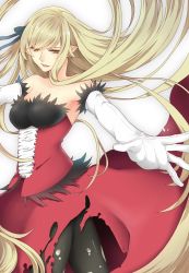 Rule 34 | 1girl, bare shoulders, blonde hair, breasts, curry gohan, dress, elbow gloves, gloves, highres, kiss-shot acerola-orion heart-under-blade, large breasts, long hair, monogatari (series), oshino shinobu, pantyhose, solo, torn clothes, yellow eyes
