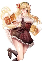 Rule 34 | 1girl, alcohol, alternate costume, bare shoulders, beer, beer mug, black dress, black footwear, black socks, blonde hair, blush, chiachun0621, commentary, cup, dress, ereshkigal (fate), eyelashes, fate/grand order, fate (series), floating hair, flower wreath, foot out of frame, frilled dress, frills, hair ribbon, happy, head wreath, high heels, highres, holding, holding cup, kneehighs, long hair, looking at viewer, mug, off-shoulder shirt, off shoulder, open mouth, parted bangs, red eyes, red ribbon, ribbon, shirt, short dress, simple background, sleeveless, sleeveless dress, smile, socks, solo, standing, standing on one leg, two side up, very long hair, white background, white shirt