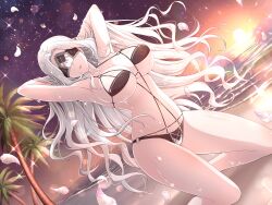 Rule 34 | 1girl, adjusting hair, armpits, backlighting, beach, blindfold, breasts, cleavage, collarbone, dusk, evening, falling petals, gradient sky, grey hair, groin, hands in hair, highres, huge breasts, kneeling, lens flare, light particles, linea alba, long hair, looking at viewer, navel, night, night sky, o-ring, o-ring swimsuit, ocean, official art, one-piece swimsuit, orange sky, outdoors, palm leaf, palm tree, parted bangs, parted lips, petals, plant, sand, senran kagura, senran kagura new link, shiny skin, skindentation, sky, solo, sparkle, star (sky), starry sky, stomach, sun, sunlight, sunset, swimsuit, tamayura (senran kagura), thighs, tree, twilight, underboob, very long hair, water, waves, wet, yaegashi nan, yellow sky