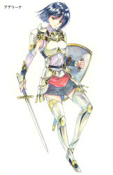 Rule 34 | 1girl, agahari, arm shield, armor, armored boots, blue hair, blunt bangs, bob cut, boots, breastplate, brown eyes, chainmail, detached sleeves, faulds, floating hair, fringe trim, full body, head tilt, holding, holding sword, holding weapon, knee up, looking at viewer, lost technology, non-web source, pauldrons, short hair, shoulder armor, simple background, solo, sword, thighhighs, vambraces, weapon, white background, zettai ryouiki