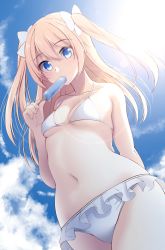 Rule 34 | 1girl, absurdres, arm behind back, bare arms, bare shoulders, bikini, blonde hair, blue eyes, blue sky, bow, breasts, cloud, cloudy sky, collarbone, cowboy shot, day, eating, food, frilled bikini, frills, from below, hair between eyes, hair bow, halterneck, hand up, highres, holding, long hair, looking at viewer, navel, nekobaka, original, popsicle, sidelocks, sky, small breasts, solo, stomach, sunlight, swimsuit, thighs, two side up, white bikini, white bow