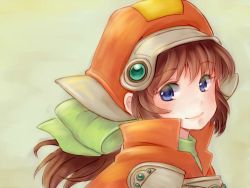 Rule 34 | 1girl, blue eyes, bow, brown hair, closed mouth, hat, long hair, looking at viewer, marguerite fatima, orange hat, ponytail, simple background, smile, solo, xenogears, yusoson