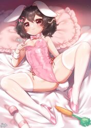 Rule 34 | 1girl, :3, :d, absurdres, alternate costume, animal ears, bare shoulders, bed, black hair, blush, bow, bowtie, breasts, breasts apart, cameltoe, carrot, commentary, detached collar, fingernails, floppy ears, full body, hair between eyes, hair bow, hair ornament, hairclip, high heels, highres, hitachi magic wand, inaba tewi, leotard, looking at viewer, lying, nipples, on back, open mouth, paid reward available, pillow, pink bow, pink bowtie, pink footwear, pink leotard, playboy bunny, rabbit ears, rabbit girl, rabbit tail, red eyes, sex toy, short hair, side-tie leotard, skindentation, small breasts, smile, solo, spread legs, strapless, strapless leotard, tail, thighhighs, touhou, translation request, vibrator, wavy hair, white thighhighs, wrist cuffs, yufukiri