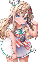 1girl blonde_hair blush bow cowboy_shot dress grecale_(kancolle) green_eyes hair_between_eyes hair_bow hair_ornament highres kantai_collection long_hair looking_at_viewer low-cut_armhole makina00 neckerchief pink_bow ribbon sailor_collar sailor_dress side-tie_dress simple_background sleeveless sleeveless_dress smile solo striped_neckerchief wavy_hair white_background white_dress white_sailor_collar