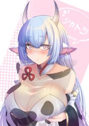 Rule 34 | 1girl, akano yomi, animal ears, animal print, bare shoulders, bikini, blue hair, blush, breast hold, breasts, catura (granblue fantasy), cleavage, cow ears, cow girl, cow horns, cow print, detached collar, detached sleeves, draph, ear piercing, granblue fantasy, highres, horns, large breasts, long hair, looking at viewer, piercing, pointy ears, see-through, solo, swimsuit, thighs, white bikini, wide sleeves, yellow eyes