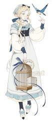 Rule 34 | 1girl, bird, birdcage, black pantyhose, blonde hair, blue bow, blue bowtie, blue dress, blue eyes, blue headwear, blue ribbon, bluebird, bow, bow choker, bowtie, braid, buttons, cage, chinese commentary, choker, closed mouth, collar, collared dress, commentary request, dated, dress, flying, footwear bow, frilled choker, frilled collar, frilled dress, frills, full body, hair bow, hair bun, head scarf, highres, holding, holding cage, layered sleeves, light blush, long dress, long hair, long sleeves, looking at animal, maobing maobing, original, outstretched hand, pantyhose, puffy long sleeves, puffy sleeves, ribbon, scarf, shoes, short over long sleeves, short sleeves, single side bun, smile, solo, spread wings, stamp mark, very long hair, white background, white footwear, white scarf, white sleeves