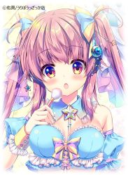 Rule 34 | 1girl, :o, bare shoulders, blue collar, blue sleeves, blush, bow, breasts, brown hair, collar, commentary request, crescent, crescent hair ornament, crop top, detached collar, green nails, hair bow, hair ornament, hair ribbon, long hair, makeup brush, medium breasts, mizuki yuuma, multicolored nails, nail polish, open mouth, original, pink nails, puffy short sleeves, puffy sleeves, red eyes, ribbon, short sleeves, sidelocks, solo, star (symbol), striped, striped bow, twintails, upper body, watermark, wrist cuffs, yellow nails
