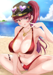 Rule 34 | 1girl, arrow through heart, baseball cap, bikini, black headwear, blush, breasts, cleavage, earrings, eyewear on head, gold earrings, gold necklace, hat, heart, heart-shaped eyewear, heart earrings, heart necklace, heterochromia, high ponytail, highres, hololive, houshou marine, houshou marine (summer), jewelry, large breasts, looking at viewer, nail polish, navel, necklace, o-ring, o-ring thigh strap, official alternate costume, red bikini, red eyes, red hair, red nails, sand, smile, sunglasses, suzuka (suzukawu), swimsuit, thigh strap, tongue, tongue out, virtual youtuber, water, yellow eyes