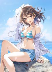 Rule 34 | 1girl, 2019, arm support, bare shoulders, bikini, bikini top only, bikini under clothes, blue sky, blush, breasts, brown eyes, brown hair, cleavage, cloud, collarbone, commentary request, crab, cutoffs, dated, day, denim, denim shorts, drawstring, floating hair, flower, front-tie bikini top, front-tie top, grey hoodie, groin, hair flower, hair ornament, halterneck, hand in own hair, hand up, highres, hood, hoodie, jacket, knee up, long sleeves, looking at viewer, medium breasts, morikura en, navel, off shoulder, open clothes, open fly, open jacket, original, outdoors, short hair, short shorts, shorts, signature, sitting, sky, smile, solo, stomach, striped bikini, striped bikini top, striped clothes, swimsuit, swimsuit under clothes, thighs, wind, wind lift