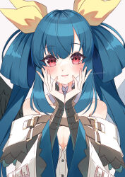 Rule 34 | 1girl, absurdres, asymmetrical wings, bare shoulders, blue hair, blush, breasts, choker, detached sleeves, dizzy (guilty gear), elritta, guilty gear, guilty gear xrd, hair ribbon, highres, large breasts, long hair, looking at viewer, open mouth, red eyes, ribbon, sidelocks, smile, solo, tail, twintails, upper body, wings, yellow ribbon