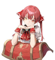Rule 34 | 1girl, ascot, bad id, bad pixiv id, chyoel, head tilt, heterochromia, highres, hololive, houshou marine, interlocked fingers, long hair, looking at viewer, own hands together, parted lips, puffy short sleeves, puffy sleeves, red ascot, red eyes, red hair, shirt, short sleeves, simple background, solo, treasure chest, twintails, virtual youtuber, white background, white shirt, yellow eyes