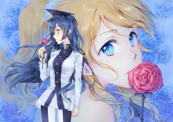Rule 34 | 2girls, ayase eli, blonde hair, blue eyes, blue flower, blue rose, commentary request, flower, from side, hat, holding, holding flower, long hair, looking at viewer, looking to the side, love live!, love live! school idol project, military, military uniform, mimori (cotton heart), mouth hold, multiple girls, ponytail, red flower, red rose, rose, scrunchie, sonoda umi, uniform