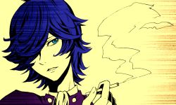 Rule 34 | 1boy, androgynous, blue eyes, blue hair, cigarette, gloves, hair over one eye, lupin iii, male focus, matching hair/eyes, open mouth, oscar (lupin), simple background, smoke, smoking, solo, wavy hair, yoisho (hami)