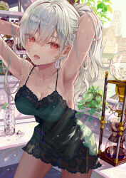 Rule 34 | 1girl, armpits, blush, breasts, building, chemise, cleavage, coffee maker, collarbone, commentary request, contrapposto, cup, day, disposable cup, drinking glass, foreshortening, glass, green chemise, grey hair, highres, ice, ice cube, ito lab, jar, lace-trimmed chemise, medium breasts, melting, mint, multicolored eyes, open mouth, original, plant, ponytail, potted plant, purple ribbon, ribbon, sweat, tying hair, very sweaty