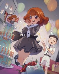 Rule 34 | 1boy, 1girl, absurdres, atachi mimi, atachi yoshio, back bow, balloon, birthday, birthday cake, black hair, blush, bouquet, bow, brown hair, cake, candle, closed eyes, collar, commentary, commission, confetti, dress, english commentary, flower, food, frilled collar, frills, gift, grey dress, hand fan, hat, highres, nifffi, open mouth, own hands together, party hat, party popper, photo (object), purple eyes, red flower, red rose, rose, shirt, shorts, white shirt, white shorts, yu-gi-oh!, yu-gi-oh! sevens