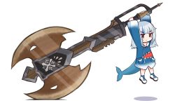 Rule 34 | 1girl, absurdres, angry, animal costume, charge blade, fins, fish tail, gawr gura, gawr gura (1st costume), hanging, highres, hololive, hololive english, huge weapon, long sleeves, monster hunter (series), shark costume, shark tail, simple background, size difference, tail, virtual youtuber, vozmad, weapon, white background