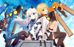 Rule 34 | 2girls, :d, ainy, bare shoulders, black legwear, blonde hair, blue bow, blue eyes, blush, boots, bow, breasts, character request, copyright request, green eyes, hair ornament, highres, large breasts, long hair, long sleeves, looking at viewer, multiple girls, one eye closed, open mouth, parted lips, short hair, single thighhigh, sitting, skirt, sleeveless, small breasts, smile, thigh strap, thighhighs, white hair