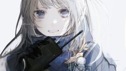 Rule 34 | 1girl, absurdres, bkornblume, black gloves, blue eyes, blue scarf, commentary request, gloves, grey background, grey hair, hand up, highres, holding walkie-talkie, kajiwara 3, long hair, looking at viewer, parted lips, reverse:1999, scarf, signature, simple background, smile, solo, upper body, walkie-talkie