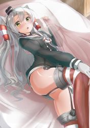 Rule 34 | 1girl, absurdres, amatsukaze (kancolle), bed, bed sheet, blanket, blush, dress, garter straps, gloves, hair ornament, hair tubes, hand on own knee, hat, highres, holding, holding blanket, indoors, kantai collection, kotoba suzu, lifebuoy, long hair, long sleeves, looking at viewer, lying, mini hat, open mouth, pillow, red thighhighs, sailor dress, see-through, short dress, silver hair, single glove, smokestack, solo, striped clothes, striped thighhighs, swim ring, thighhighs, thighs, two side up, white gloves