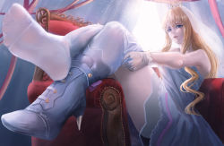 Rule 34 | 1girl, absurdres, blonde hair, blue eyes, blush, boots, unworn boots, crown, dress, highres, huge filesize, lips, long hair, no shoes, original, rito (ritoxiaying), shoes, soles, thighhighs, white dress, white thighhighs