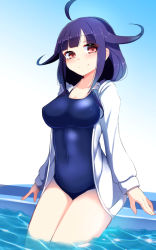 Rule 34 | 10s, 1girl, ahoge, bad id, bad pixiv id, breasts, covered navel, female focus, hair flaps, kantai collection, large breasts, long hair, low twintails, one-piece swimsuit, partially submerged, poolside, purple hair, red eyes, school swimsuit, sitting, smile, solo, swimsuit, taigei (kancolle), tenken (gotannda), twintails, water