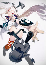 Rule 34 | 10s, 1girl, anchor, anchor hair ornament, blonde hair, blue eyes, blurry, blush, cannon, crop top, depth of field, film grain, floating hair, hair ornament, hairband, highleg, highleg panties, highres, kantai collection, navel, oguchi, one eye closed, outstretched arm, outstretched hand, panties, parted lips, personification, rensouhou-chan, sailor collar, shimakaze (kancolle), solo, striped clothes, striped thighhighs, thighhighs, underwear, wink