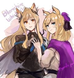Rule 34 | 2girls, animal ear fluff, animal ears, arknights, aunt and niece, belt, black cape, black dress, black gloves, blemishine (arknights), blemishine (moon catastrborn) (arknights), blonde hair, blue eyes, cape, character name, closed mouth, cowboy shot, dress, elbow gloves, gazelle jun, gloves, highres, holding hands, horse ears, horse girl, horse tail, interlocked fingers, long hair, long sleeves, looking at viewer, looking back, multiple girls, official alternate costume, parted lips, ponytail, purple cape, red eyes, sidelocks, single glove, sketch, smile, tail, two-tone background, whislash (arknights), whislash (glory purple) (arknights), white gloves