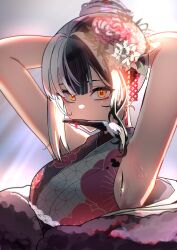 Rule 34 | 1girl, absurdres, armpits, arms behind head, arms up, black hair, black kimono, calligraphy brush, commentary request, floral print, futoshi tanaka, grey hair, highres, hololive, hololive english, japanese clothes, kimono, long hair, mouth hold, multicolored hair, official alternate costume, paintbrush, shiori novella, shiori novella (new year), sleeveless, sleeveless kimono, solo, split-color hair, two-tone kimono, virtual youtuber, white kimono, yellow eyes