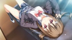 Rule 34 | 1girl, black socks, blush, breasts, brown hair, clothes lift, come hither, couch, game cg, hair ornament, twirling hair, hairclip, jpeg artifacts, kantoku, kneehighs, koi suru kanojo no bukiyou na butai, long hair, looking at viewer, lying, medium breasts, on back, on couch, panties, plaid, plaid skirt, playing with own hair, purple eyes, school uniform, shoes, skirt, skirt lift, smile, socks, solo, togawa mayuu, underwear, uwabaki, white panties