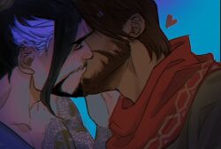 Rule 34 | 2boys, bara, beard, blush, brown hair, cassidy (overwatch), couple, dark skin, duddleduhh, facial hair, from side, hand on another&#039;s cheek, hand on another&#039;s face, hanzo (overwatch), heart, interracial, kiss, male focus, mature male, multicolored hair, multiple boys, mustache, overwatch, overwatch 1, pectorals, streaked hair, thick eyebrows, yaoi