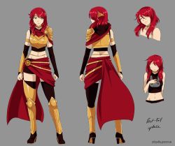 Rule 34 | 1girl, alternate hairstyle, armor, bare shoulders, breastplate, choker, circlet, commentary, english commentary, closed eyes, full body, green eyes, grey background, high heels, looking at viewer, medium hair, midriff, multiple views, navel, pyrrha nikos, red hair, rwby, simple background, sleeveless, standing, thighhighs, yaya (y8ay8a)