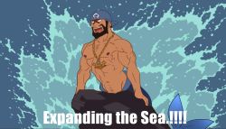 Rule 34 | 1boy, abs, anchor necklace, archie (pokemon), bandana, beard, biceps, blue bandana, chest hair, collarbone, commentary request, creatures (company), dark-skinned male, dark skin, english text, facial hair, game freak, highres, jewelry, male focus, merman, monster boy, muscular, muscular male, navel, necklace, nintendo, open mouth, parody, pectorals, pokemon, pokemon oras, rock, rybiok, short hair, solo, team aqua, teeth, the little mermaid, tongue, topless male, upper teeth only, water, water drop