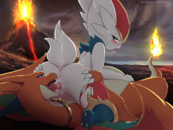 Rule 34 | 1girl, absurdres, animal ears, anus, ass, charizard, cinderace, claws, cloud, cloudy sky, creatures (company), cunnilingus, eruption, eryz, fangs, fellatio, flame-tipped tail, furry, furry female, furry with furry, game freak, gen 1 pokemon, gen 8 pokemon, highres, horns, jewelry, lying, necklace, nintendo, on back, oral, pants, pokemon, pokemon (creature), pussy, rabbit ears, rabbit tail, sky, spread legs, straddling, tail, torn clothes, torn pants, volcano, wings