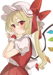 Rule 34 | 1girl, blonde hair, cowboy shot, flandre scarlet, from side, hat, hat ribbon, highres, long hair, looking at viewer, looking to the side, mob cap, paragasu (parags112), pleated skirt, pointy ears, red eyes, red ribbon, red shirt, red skirt, ribbon, shirt, side ponytail, simple background, skirt, solo, touhou, vampire, white background, white hair, white shirt, wings