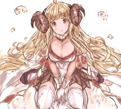 Rule 34 | 10s, 1girl, :o, ahoge, anila (granblue fantasy), black skirt, blonde hair, blush, breasts, breasts squeezed together, cleavage, draph, eyebrows, fur trim, gloves, granblue fantasy, horns, large breasts, long hair, looking at viewer, miniskirt, moko (alice), open mouth, pleated skirt, sheep, sheep horns, short eyebrows, simple background, sitting, skirt, solo, tareme, thick eyebrows, thighhighs, v arms, very long hair, wariza, white background, white gloves, white thighhighs, yellow eyes, zettai ryouiki