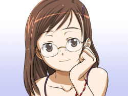 Rule 34 | 1girl, bare shoulders, bracelet, brown eyes, brown hair, collarbone, glasses, gradient background, hair ornament, hairclip, head tilt, jewelry, looking at viewer, purple background, rimless eyewear, simple background, sleeveless, smile, solo, white background