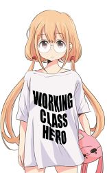 Rule 34 | 10s, 1girl, 71, bespectacled, blonde hair, brown eyes, clothes writing, english text, female focus, futaba anzu, glasses, idolmaster, idolmaster cinderella girls, irony, john lennon, long hair, product placement, shirt, simple background, solo, song name, standing, stuffed animal, stuffed rabbit, stuffed toy, t-shirt, twintails, white background