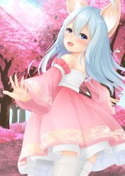 Rule 34 | 1girl, absurdres, ahoge, animal ears, bare shoulders, blue eyes, blue hair, cherry blossoms, day, detached sleeves, dog ears, dress, elin, forest, from behind, highres, huge filesize, long hair, looking back, nature, no tail, open mouth, outdoors, outstretched arms, pink dress, smile, solo, sonia (fetusdream), tera online, thighhighs, tree, white thighhighs