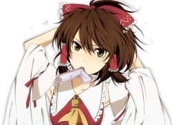 Rule 34 | 1girl, bad id, bad pixiv id, bow, brown eyes, brown hair, detached sleeves, female focus, hair bow, hakurei reimu, japanese clothes, miko, mouth hold, ofuda, short hair, solo, touhou, waiko, white background