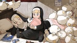 Rule 34 | 2girls, aged down, animal ears, animal on arm, baby bottle, bird, black legwear, blanket, bottle, bow, bowtie, carrying, chalk, chicken, child&#039;s drawing, clumsy nun (diva), comb (chicken), dirty, dirty clothes, dirty legwear, diva (hyxpk), doll, doodle, drawing, drooling, duck, elbow rest, fake animal ears, falling, fluffy, graffiti, habit, hand on own head, highres, holding, holding stuffed toy, hole in sock, little nuns (diva), mole, mole under eye, multiple girls, nervous sweating, nun, pacifier, pillow, poster (object), rabbit ears, rattle, red neckwear, ribbon, shadow, sleeping, smile, socks, spread wings, storybook, strict nun (diva), stuffed animal, stuffed duck, stuffed toy, sweat, toes, traditional nun