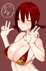 Rule 34 | 1girl, ^ ^, absurdres, amano don, bad id, bad pixiv id, bikini, blush, breasts, clenched teeth, closed eyes, double v, female focus, flame print, highres, large breasts, original, print bikini, red hair, short hair, short twintails, simple background, smile, solo, swimsuit, teeth, twintails, v