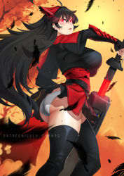 Rule 34 | 1girl, absurdres, ass, autumn, black feathers, black gloves, black hair, black jacket, black skirt, black thighhighs, feathers, fingerless gloves, floating hair, gloves, hair between eyes, highres, holding, holding sword, holding weapon, jacket, long hair, lulu-chan92, miniskirt, panties, parted lips, pleated skirt, raven branwen, red eyes, rwby, sheath, shiny clothes, shiny legwear, skirt, sky, solo, standing, sword, thighhighs, underwear, unsheathing, very long hair, watermark, weapon, white panties, yellow sky