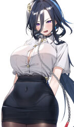 1girl absurdres alternate_costume arms_behind_back black_skirt blue_hair blush breasts button_gap chain clorinde_(genshin_impact) collared_shirt covered_navel earrings genshin_impact hair_between_eyes hair_ornament highres jewelry large_breasts long_hair looking_at_viewer mole mole_on_breast open_mouth pantyhose pencil_skirt piyo_(piyo8415) purple_eyes shirt shirt_tucked_in short_sleeves simple_background skirt solo white_background white_shirt