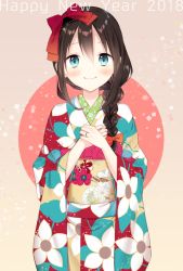 Rule 34 | 1girl, alternate costume, blue eyes, blush, braid, brown hair, hair ornament, hair over shoulder, happy new year, japanese clothes, jewelry, kantai collection, kimono, looking at viewer, naoto (tulip), new year, own hands together, ribbon, ring, shigure (kancolle), single braid, smile, solo