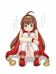 Rule 34 | 1girl, ahoge, bad id, bad pixiv id, blush, boots, breasts, brown hair, brown shirt, commentary request, full body, green eyes, hair bobbles, hair ornament, hairband, lilka eleniak, long hair, looking at viewer, nullhachi, panties, pantyshot, red footwear, red skirt, shirt, skirt, solo, underwear, upskirt, wild arms, wild arms 2